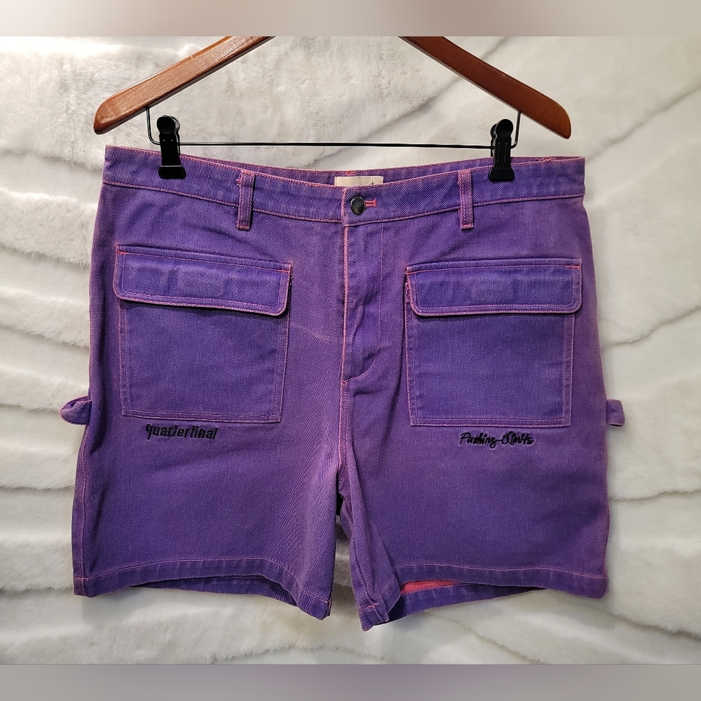QTFL Quarterfinal Streetwear Baggy Purple Carpenter Cargo Men Large Denim Shorts